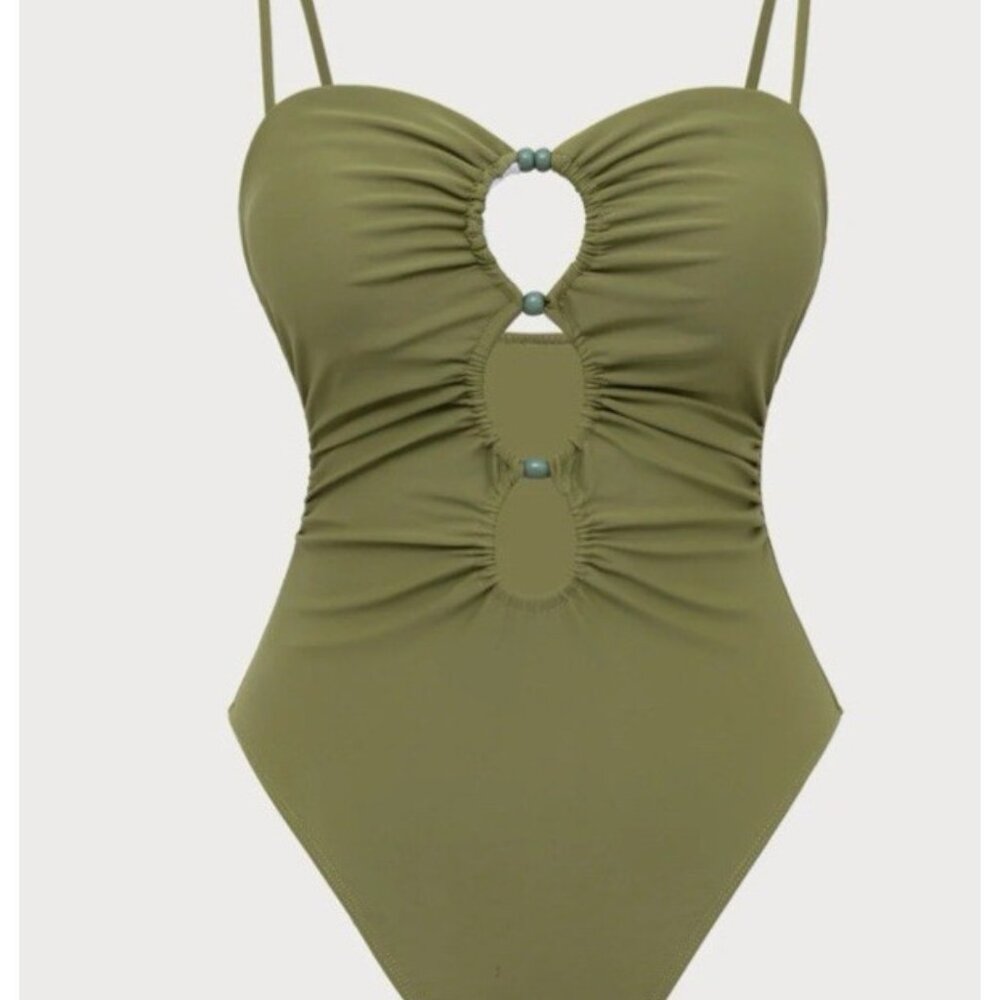 Samiol One Piece Olive Green Beaded Swimsuit Cut out Size M Medium NEW NWT